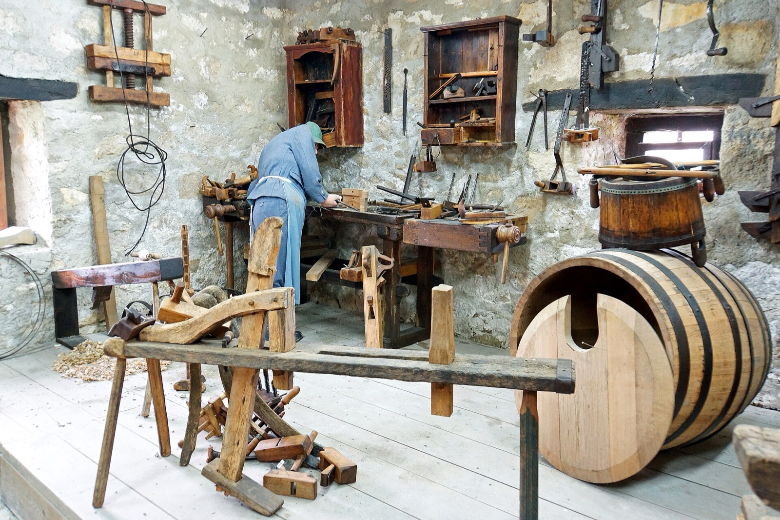 A cooper's workshop and oak barrels