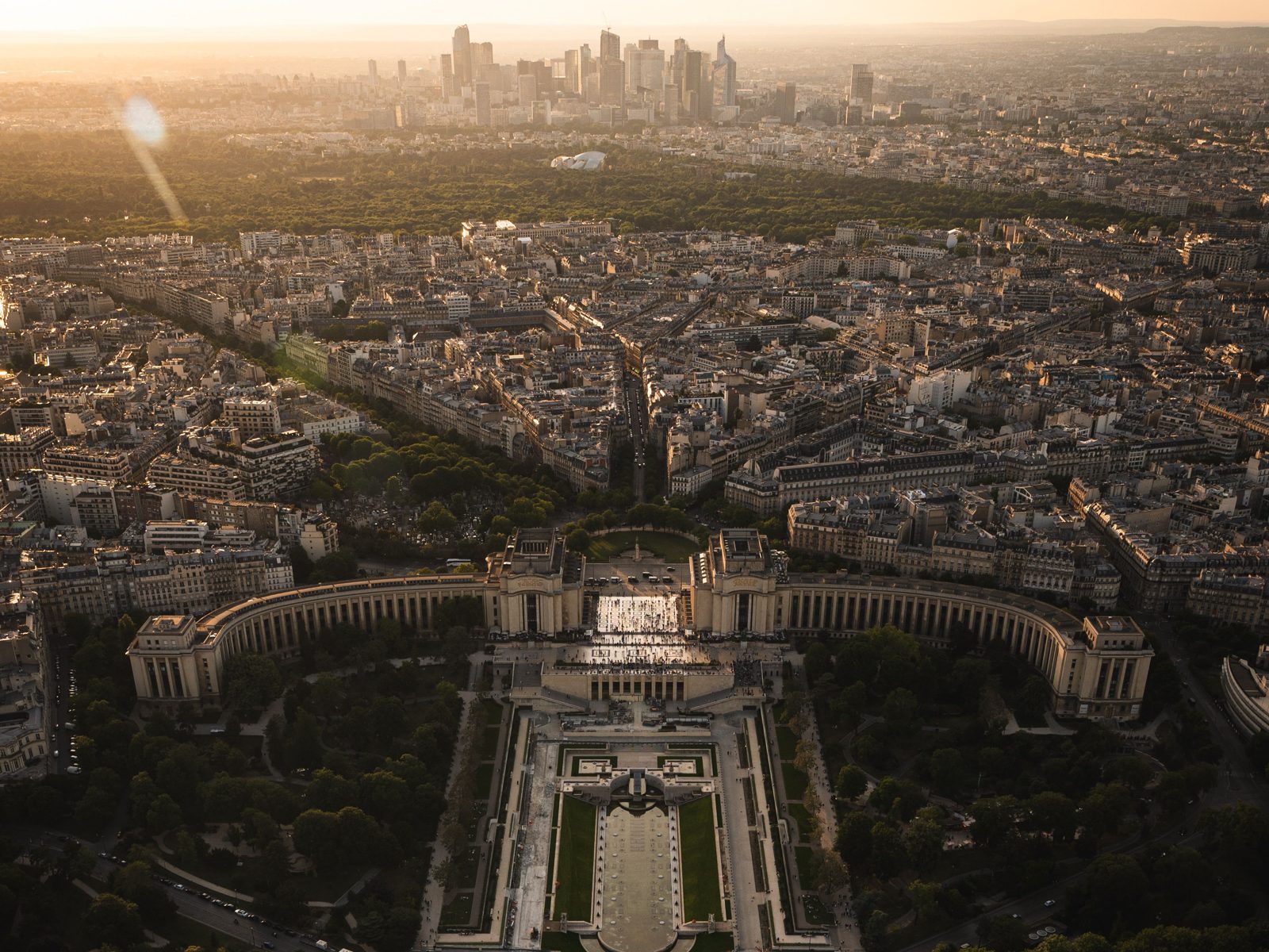 Paris at sunset from the Eiffel Tower, the Trocadéro and La Défense